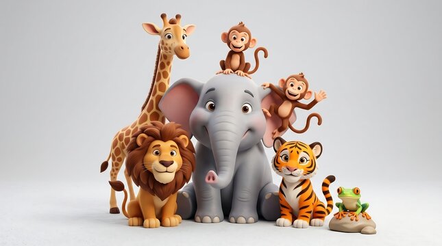 Cute cartoon animals including a giraffe elephant lion monkey tiger and frog sitting together happily