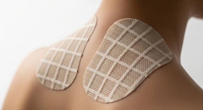 Beige grid patterned adhesive patches applied to person upper back