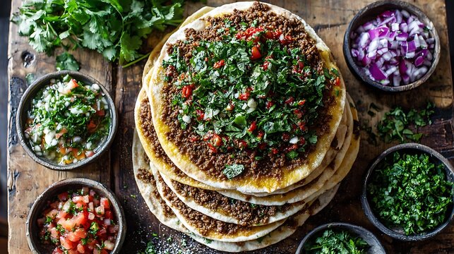 Lahmacun stacked on a rustic counter