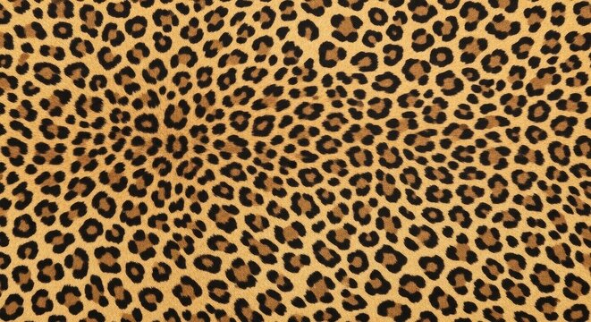 A close-up image of a leopard print fabric. The pattern consists of dark brown spots on a tan background.