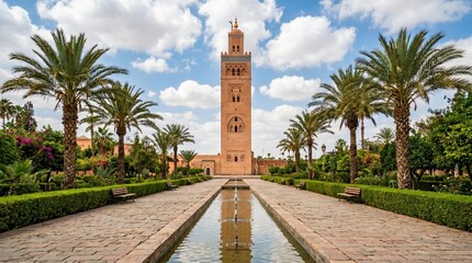 Obraz premium Koutoubia Mosque Minaret and Gardens with Fountains in Marrakech.