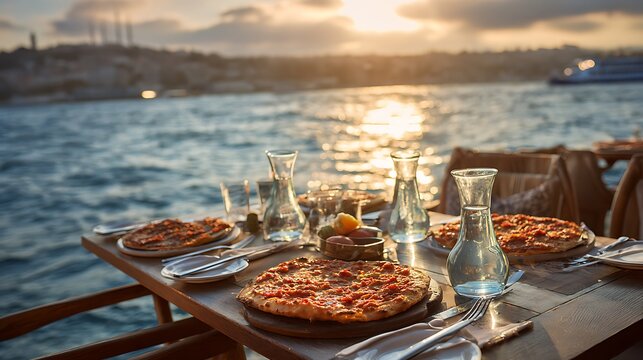 Outdoor dining table, Lahmacun served with ayran