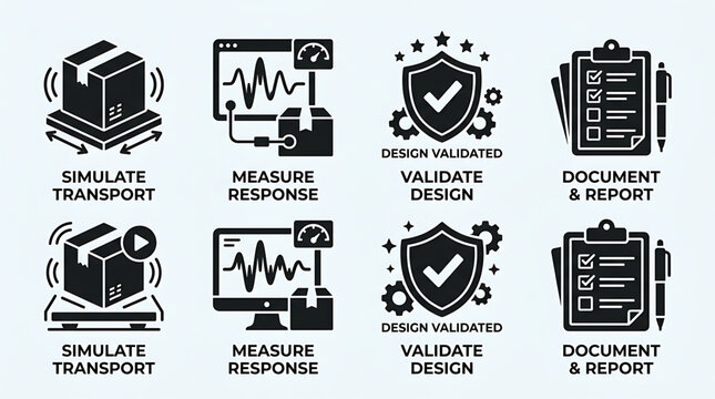 Supply chain quality control icons for logistics testing package safety and technical reporting