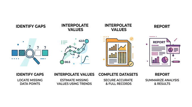 The infographic illustrates data analysis steps including identifying gaps, interpolating values, and reporting.