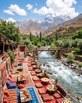 Vibrant Riverside Outdoor Dining in Ourika Valley, Morocco.