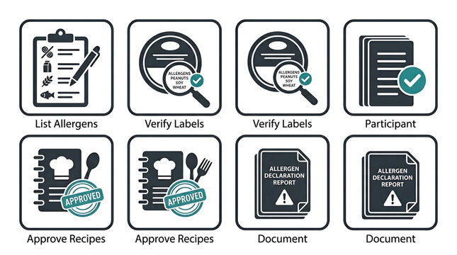 The image shows icons of food safety checklists and documents for verification.