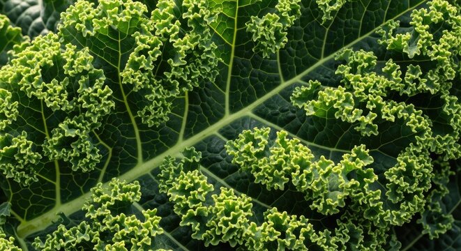 A close-up photograph showcases the intricate, curly leaves of a kale plant. The vibrant green foliage is sharply in focus, highlighting the unique texture and pattern of each leaf.