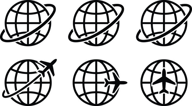 Global logistics and aviation vector icons set with airplane silhouettes and planet earth grids on white background