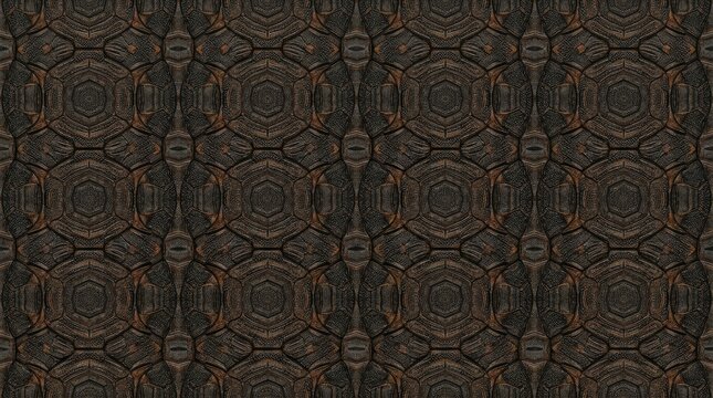 A complex, repeating geometric pattern dominates the image. The pattern features interlocking, hexagonal shapes arranged in a symmetrical, tessellated design.