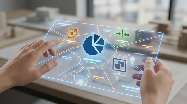 Professional hands holding futuristic transparent tablet with data analytics, map and pie chart for smart city urban planning and business management.