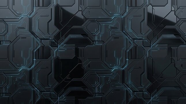 A dark, futuristic background displays a complex, hexagonal pattern with glowing blue lines. The pattern resembles a circuit board or a technological grid.