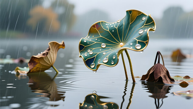 Lotus pond withered lotus listening to rain oriental mood