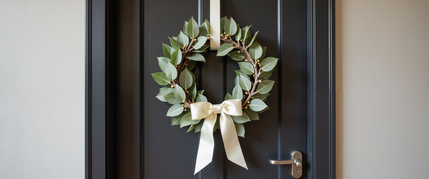Birch wreath on door for midsummer festival invitation and holiday decoration design