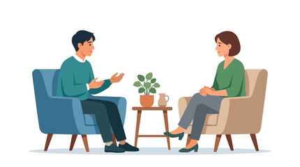Fototapeta premium Modern flat vector illustration of a man and woman sitting in armchairs during a therapy session or consultation, with a side table and potted plant, isolated on a white background.