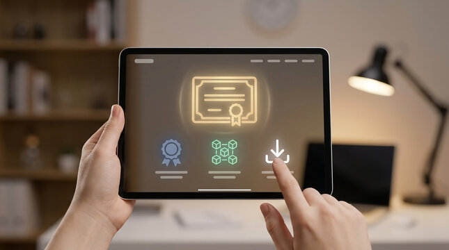 Person holding tablet with digital certificate and blockchain icons, touching download button for e-learning credentials and online training.