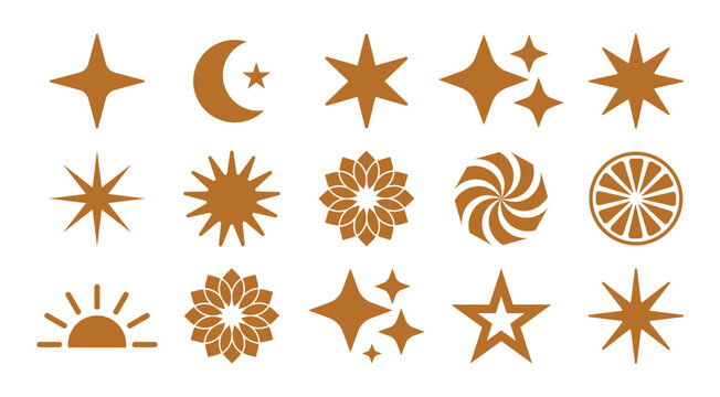 Golden brown sparkling with retro stars sun and crescent moon. can de used for sticker pack, packaging design, social media graphics and wall art. vector illustration.