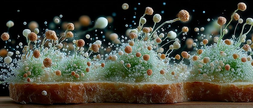 Microscopic mold spores and fungal growth cover a slice of bread, serving as a dark background for food safety and biological decay themes.