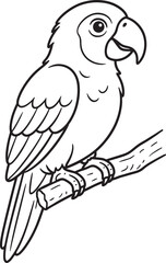 Obraz premium Black and white line of a cute parrot perched on a wooden branch, isolated on a white background, for coloring book pages