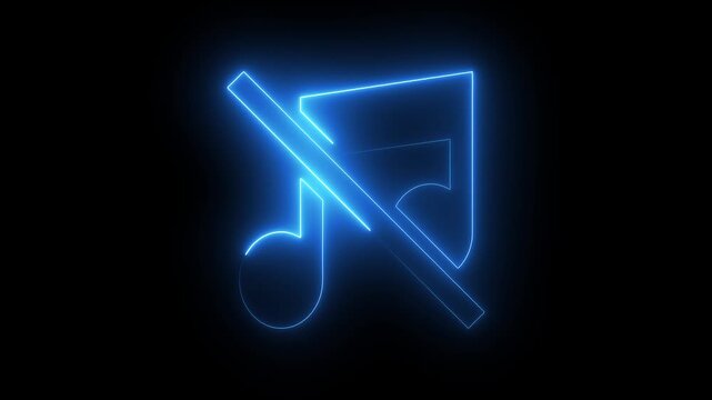 Glowing neon mute music symbol animation, blue audio off sign, digital sound control