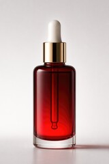 Naklejka premium Elegant red glass dropper bottle with gold cap and white tip, minimalist beauty product packaging, luxury skincare serum or essential oil, soft studio lighting, transparent background