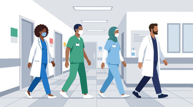 Diverse medical professionals walking in hospital hallway