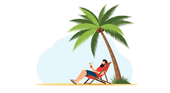 Bearded man relaxes in a lounge chair under the shade of a large palm tree while enjoying a cold drink on the beach.