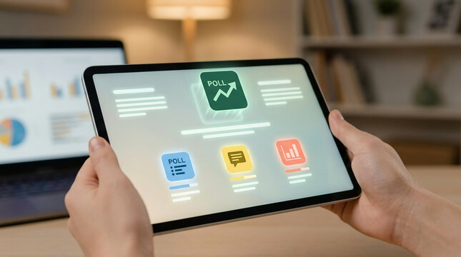 Person using digital tablet to participate in online poll survey and market research for feedback and data analysis at home office.
