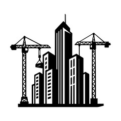 Fototapeta premium Modern Tower Crane Between City Buildings Construction Logo Vector
