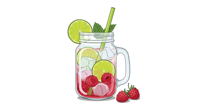 Refreshing summer drink in a glass jar filled with fresh raspberries, lime slices, ice cubes, and mint leaves with a green straw.