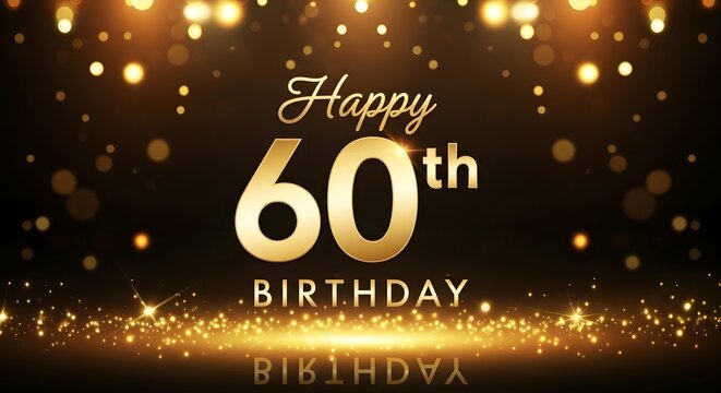 Elegant 60th happy birthday celebration graphic with gold foil effect and bokeh lights for party invitations