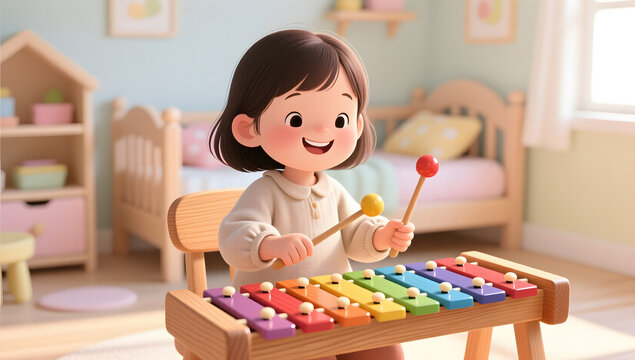 Little girl focusing on playing a colorful wooden xylophone for Children's Day