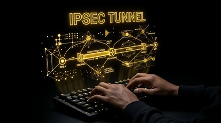 Fototapeta premium Hands typing on laptop with glowing IPsec tunnel holographic network display.