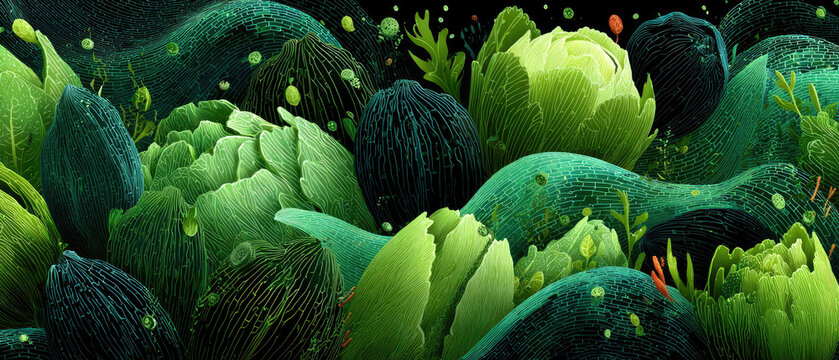 Abstract green organic shapes and textures in dark background.