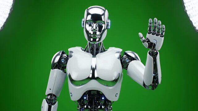 Futuristic Robot Waving Hello on Green Screen - A shiny, metallic robot with a human-like face waves its hand on a solid green screen background.