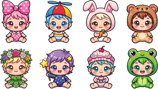 Cute kawaii chibi baby avatars set vector illustration with happy anime infants in bear frog bunny costumes cupcake and fairy outfits for birthday party designs