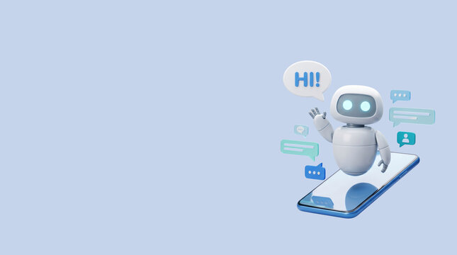3D chatbot robot waving hello with HI speech bubble, standing on smartphone with chat message icons, AI assistant concept on blue background