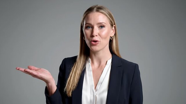 Smiling Business Woman Presenting With Open Palm on Gray Background - A confident and smiling business woman in a dark suit jacket and white blouse extends her left hand with an open palm as if