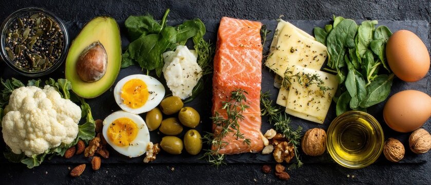 Clean ketogenic food flat lay featuring salmon, avocado, and leafy greens