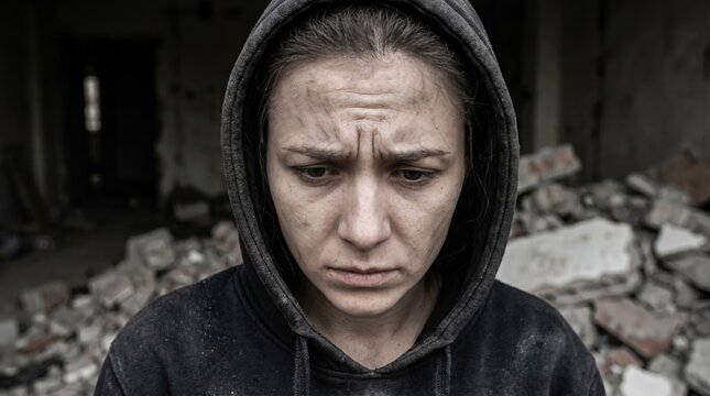 Somber portrait of a traumatized young woman wearing a dark hoodie, standing amidst the devastating rubble of a bombed city building.