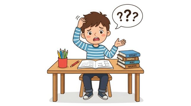 Confused schoolboy sitting at desk with books and pencils