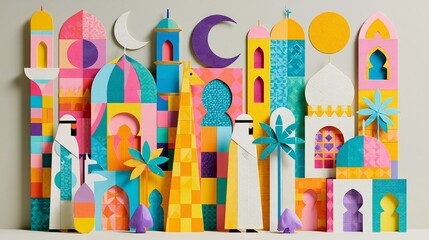 Obraz premium Colorful paper craft background inspired by Muslim culture featuring a mosque, palm trees, and crescent moon. Decorative Islamic design for festive, cultural, and religious themes.