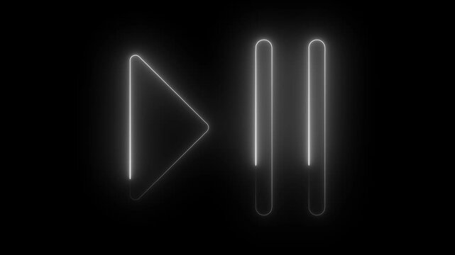 Glowing neon play and pause button on black background, minimalist ui interface