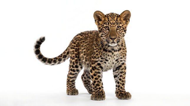 A majestic baby leopard with a long patterned tail stands proudly on a bright white studio floor.