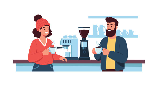 Man and woman enjoy a social interaction while making and drinking fresh coffee in a modern office breakroom.