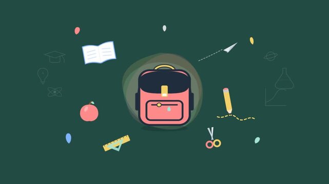 Animated Back to School Supplies Floating Around Backpack on Green Background.