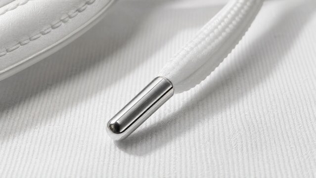 Close-up of white sneaker lace with metallic aglet on fabric.