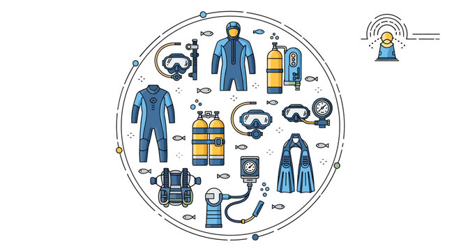Scuba diving equipment set arranged in a circular composition including wetsuits masks oxygen tanks and flippers icons for water sports.