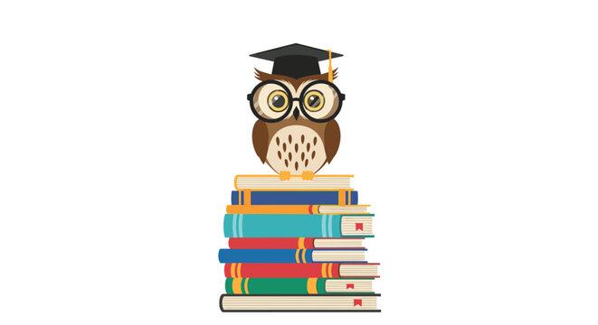Wise owl wearing glasses and a graduation cap sitting on a tall stack of colorful books symbolizing education knowledge and academic success.