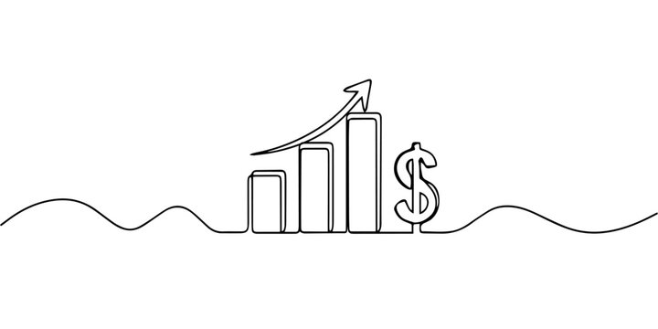 bar graph with  continuous one line drawing, Continuous one line drawing of a business growth bar chart with an upward arrow, Line money one continuous finance art graph financial icon coin single