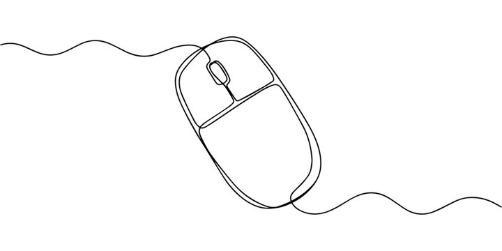 computer mouse  continuous one line drawing, Continuous line drawing of a computer mouse with cord, Computer mouse continuous one line drawing, Single line art illustration white background, Drawn con